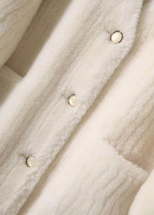 Chic White V Neck Pockets Patchwork Wool Coats Winter