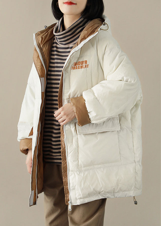 Chic White hooded Pockets Casual Winter Down Coat