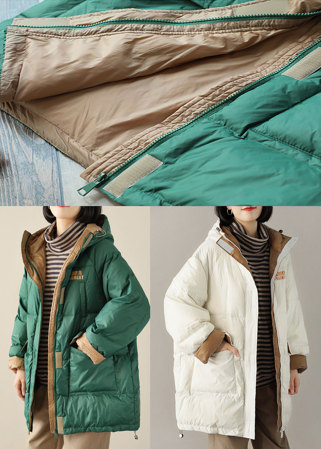 Chic White hooded Pockets Casual Winter Down Coat