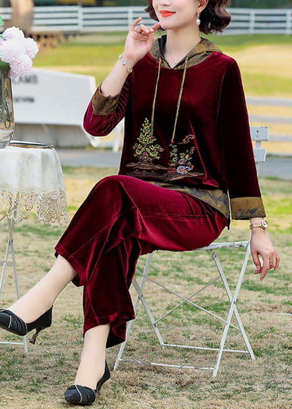 Chic Wine Red Print Drawstring Hooded Silk Velour Top And Wide Leg Pants Two Pieces Set Fall