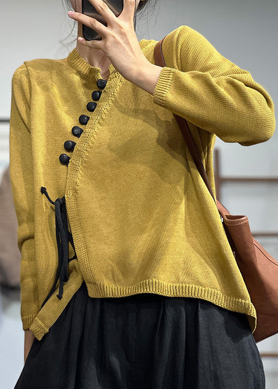 Chic Yellow Asymmetrical Design Lace Up Knit Sweater Tops Winter