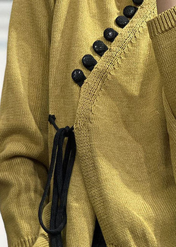 Chic Yellow Asymmetrical Design Lace Up Knit Sweater Tops Winter