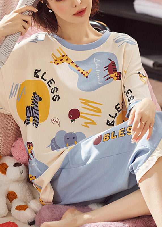 Chic Yellow Blue Ruffles Animal Print Pajamas Two Pieces Set Summer