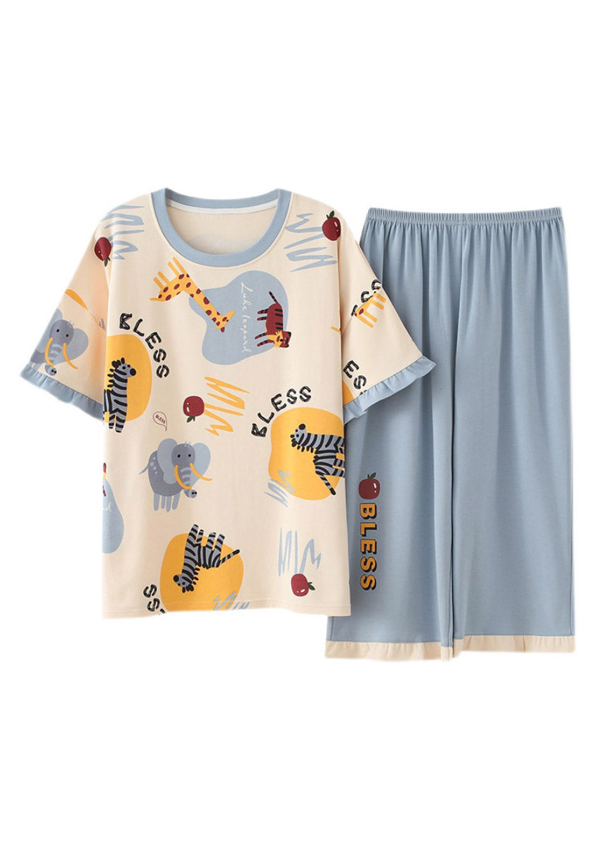 Chic Yellow Blue Ruffles Animal Print Pajamas Two Pieces Set Summer