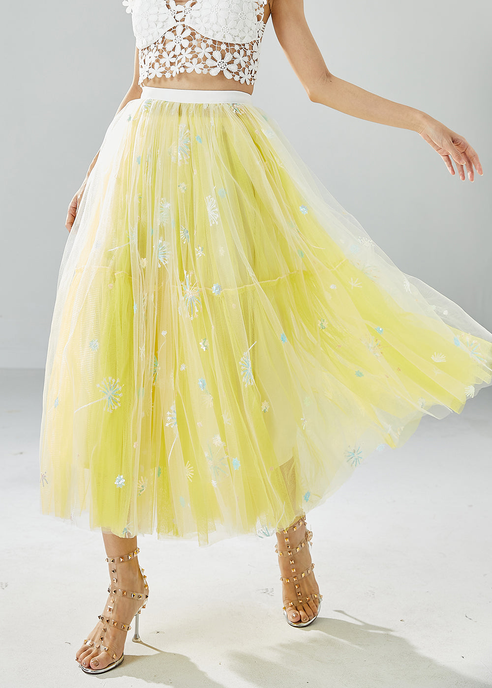 Chic Yellow Dandelion Embroideried Wear On Both Sides Tulle Skirts Summer
