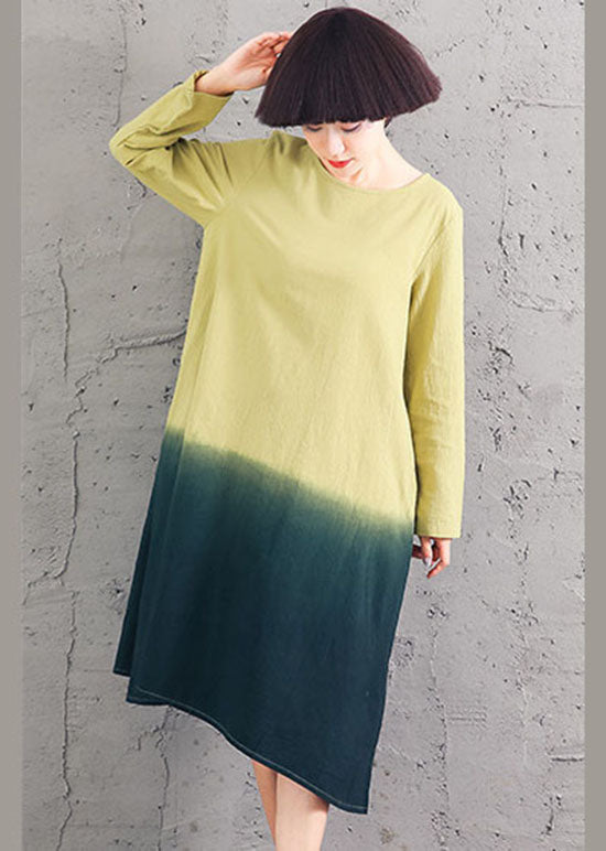 Chic Yellow O-Neck Gradient color Cotton Dress Spring