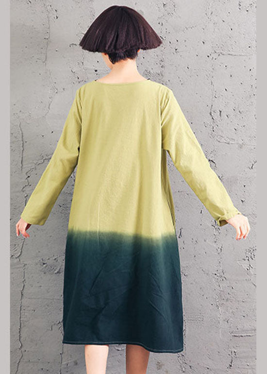 Chic Yellow O-Neck Gradient color Cotton Dress Spring