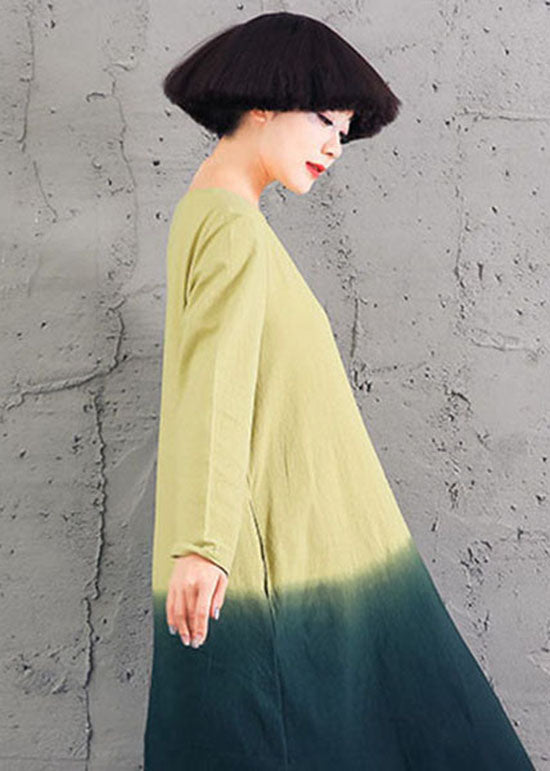 Chic Yellow O-Neck Gradient color Cotton Dress Spring