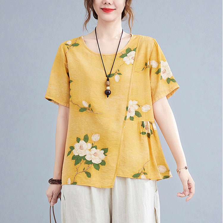 Chic Yellow O-Neck wrinkled Asymmetrical Print Tank Tops Short Sleeve