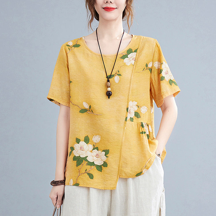 Chic Yellow O-Neck wrinkled Asymmetrical Print Tank Tops Short Sleeve