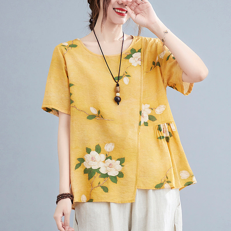 Chic Yellow O-Neck wrinkled Asymmetrical Print Tank Tops Short Sleeve