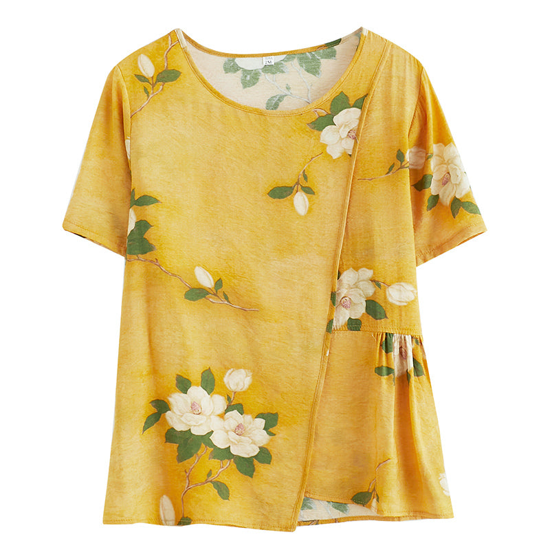 Chic Yellow O-Neck wrinkled Asymmetrical Print Tank Tops Short Sleeve