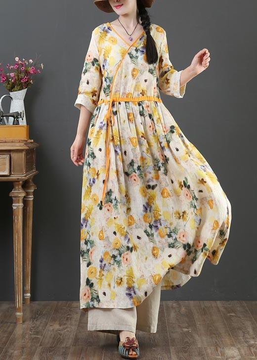 Chic Yellow Print Linen Dress V Necktie waist Summer Robe Dresses - Omychic