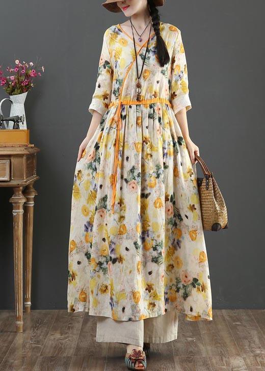 Chic Yellow Print Linen Dress V Necktie waist Summer Robe Dresses - Omychic