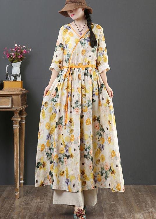 Chic Yellow Print Linen Dress V Necktie waist Summer Robe Dresses - Omychic