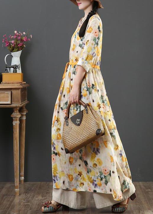 Chic Yellow Print Linen Dress V Necktie waist Summer Robe Dresses - Omychic