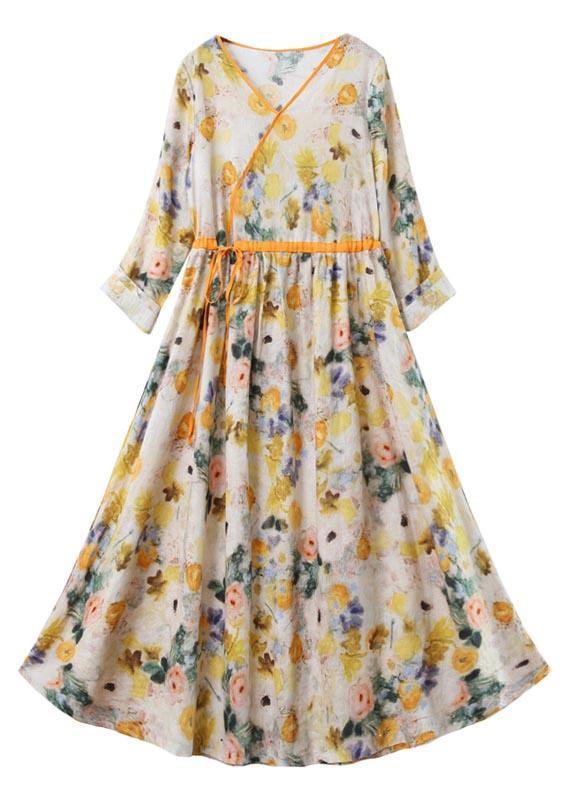 Chic Yellow Print Linen Dress V Necktie waist Summer Robe Dresses - Omychic