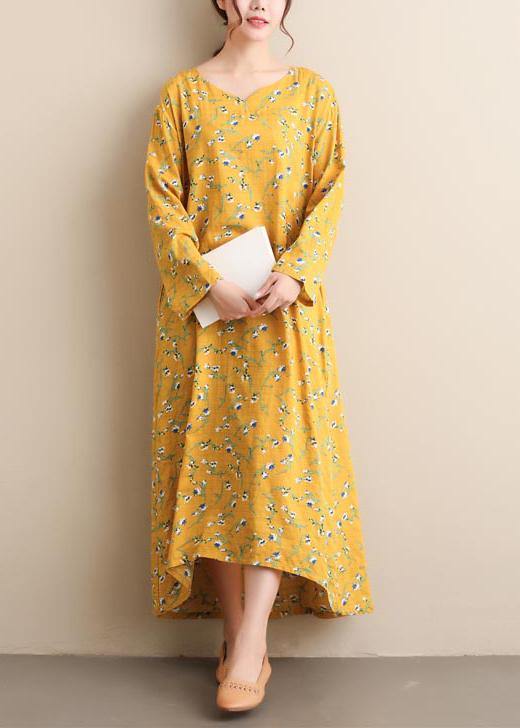 Chic Yellow Print Tunic Pattern V Neck Spring Dresses - Omychic