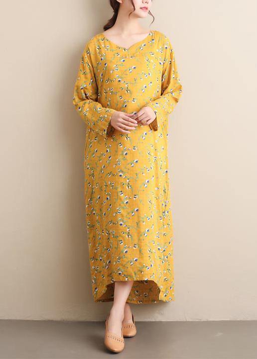 Chic Yellow Print Tunic Pattern V Neck Spring Dresses - Omychic