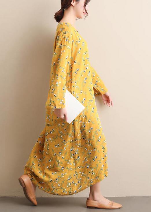 Chic Yellow Print Tunic Pattern V Neck Spring Dresses - Omychic