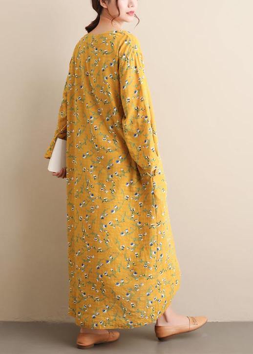 Chic Yellow Print Tunic Pattern V Neck Spring Dresses - Omychic