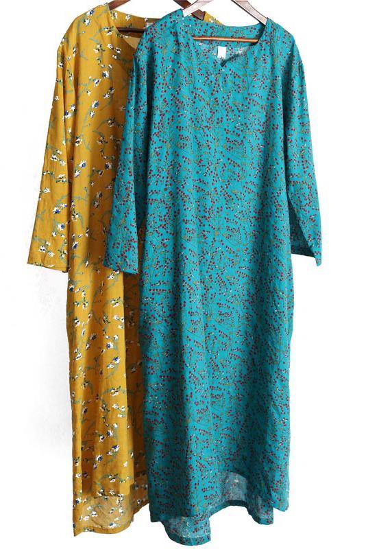 Chic Yellow Print Tunic Pattern V Neck Spring Dresses - Omychic