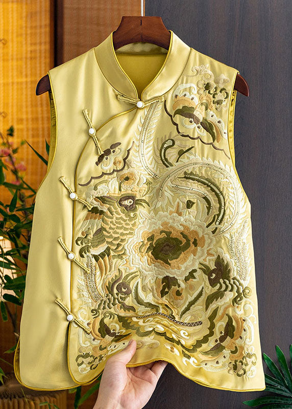 Chic Yellow Stand Collar Embroideried Side Open Silk Waistcoat Fall