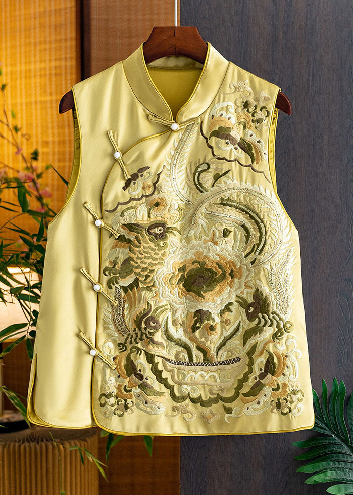 Chic Yellow Stand Collar Embroideried Side Open Silk Waistcoat Fall
