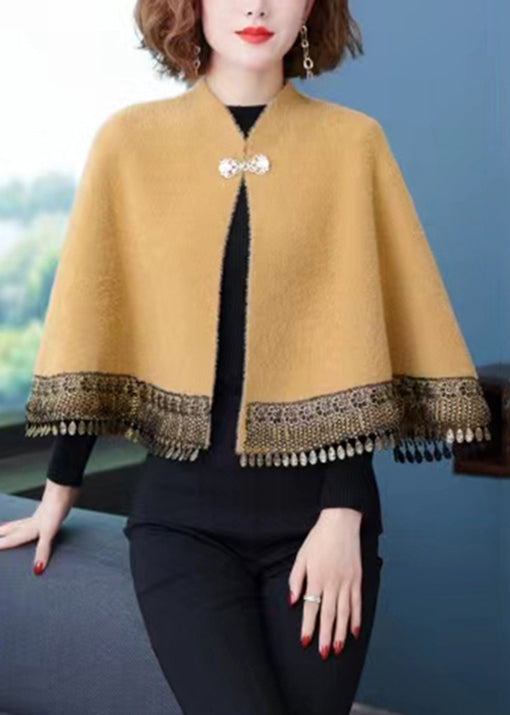 Chic Yellow Stand Collar Tasseled Pockets Patchwork Mink Velvet Coats Fall