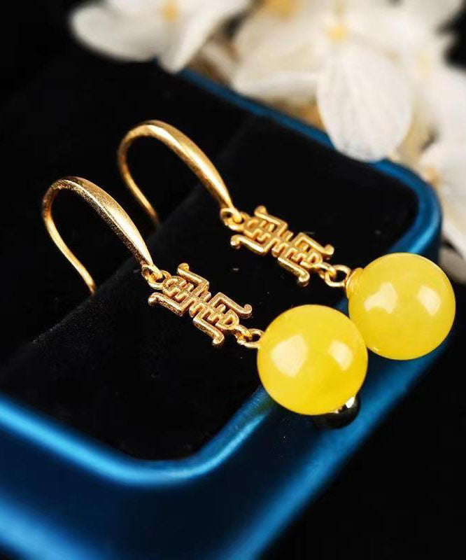 Chic Yellow Sterling Silver Overgild Inlaid Spheroidal Beeswax Drop Earrings