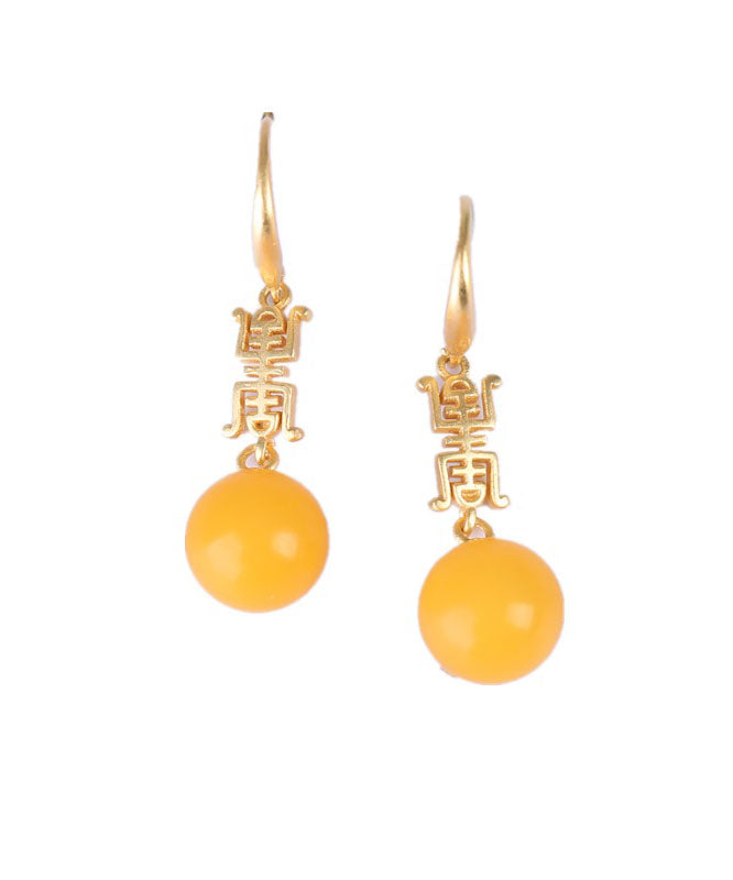 Chic Yellow Sterling Silver Overgild Inlaid Spheroidal Beeswax Drop Earrings
