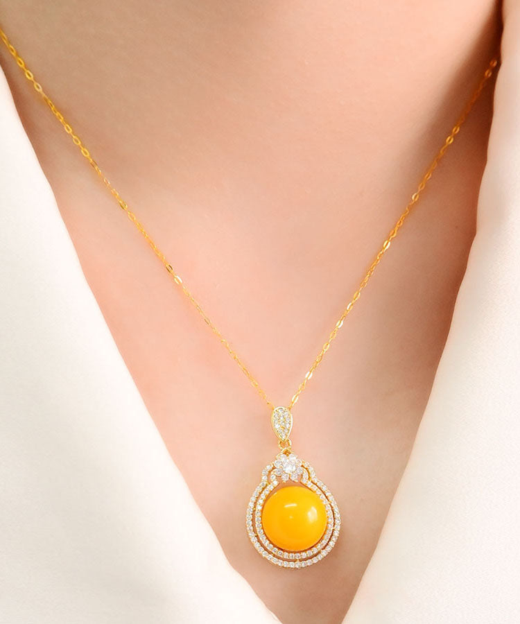 Chic Yellow Sterling Silver Zircon Beeswax Pendant Necklace