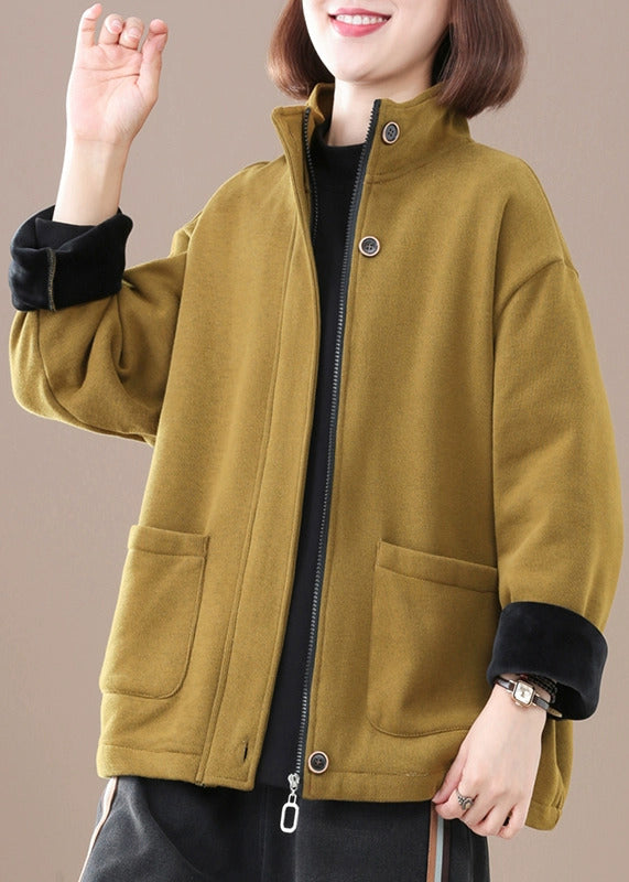 Chic Yellow Zip Up Pockets Warm Fleece Coat Winter