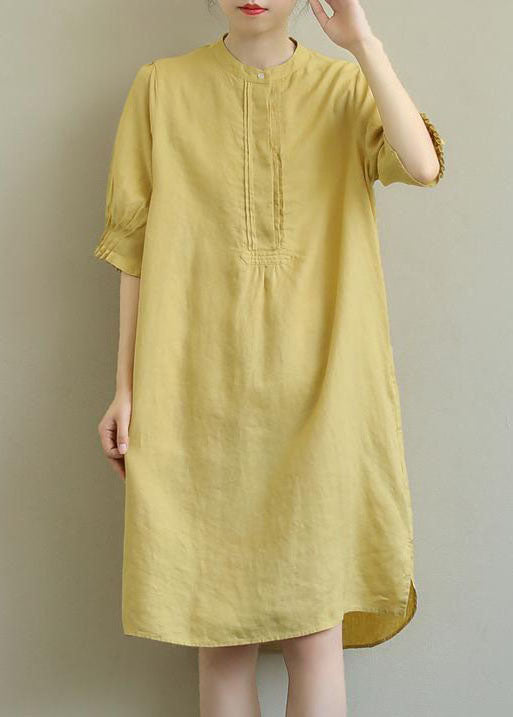 Chic Yellow side open Cotton Mid Dress Half Sleeve