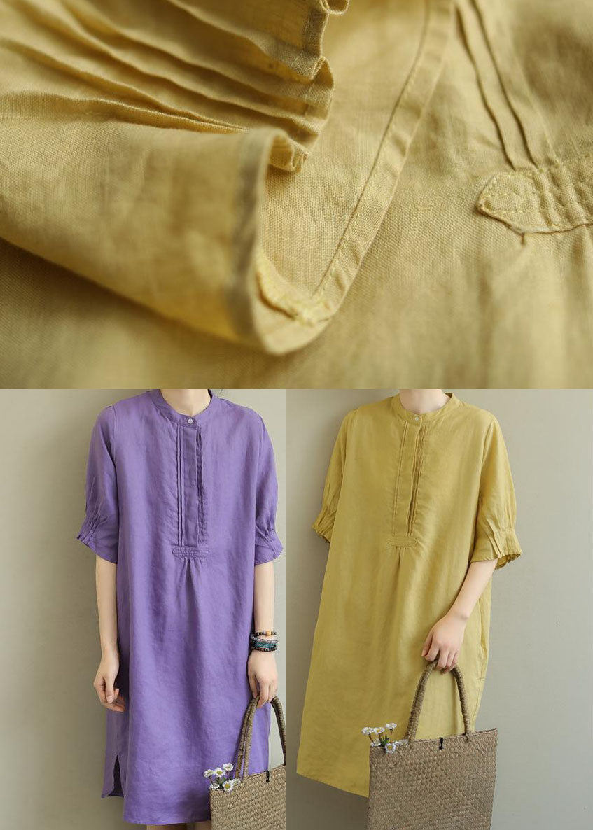 Chic Yellow side open Cotton Mid Dress Half Sleeve