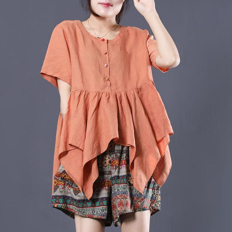 Chic asymmetric hem linen Blouse Shirts orange blouse summer - Omychic