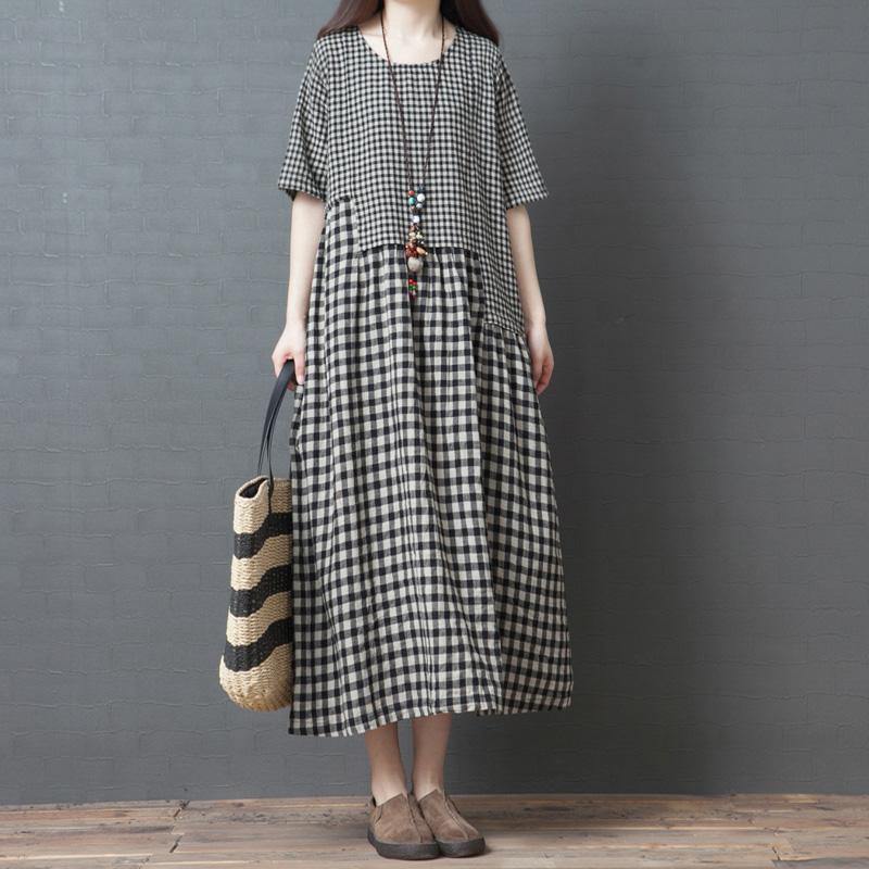Chic Black Plaid Cotton Dresses Pockets Patchwork Loose Summer Dress ( Limited Stock) - Omychic