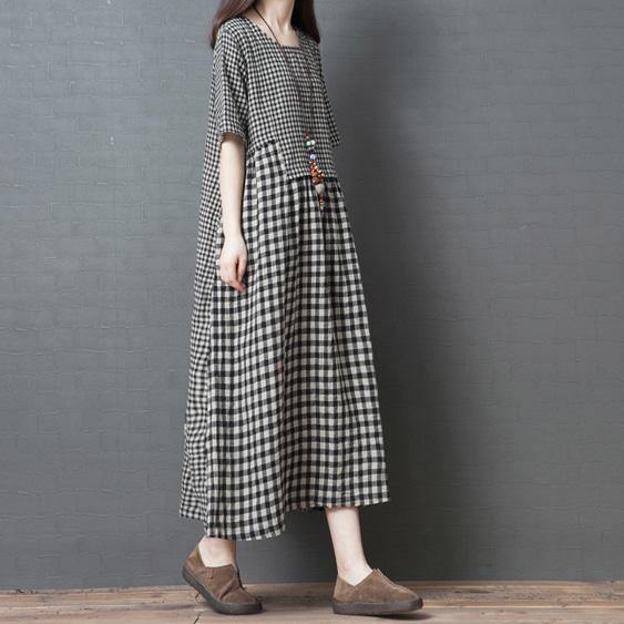 Chic Black Plaid Cotton Dresses Pockets Patchwork Loose Summer Dress ( Limited Stock) - Omychic