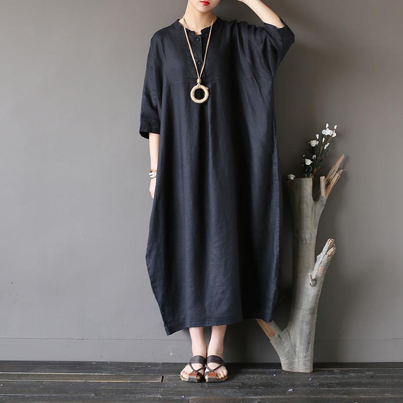 Chic black cotton linen boutique long stand collar Three Quarter sleeve Dress - Omychic