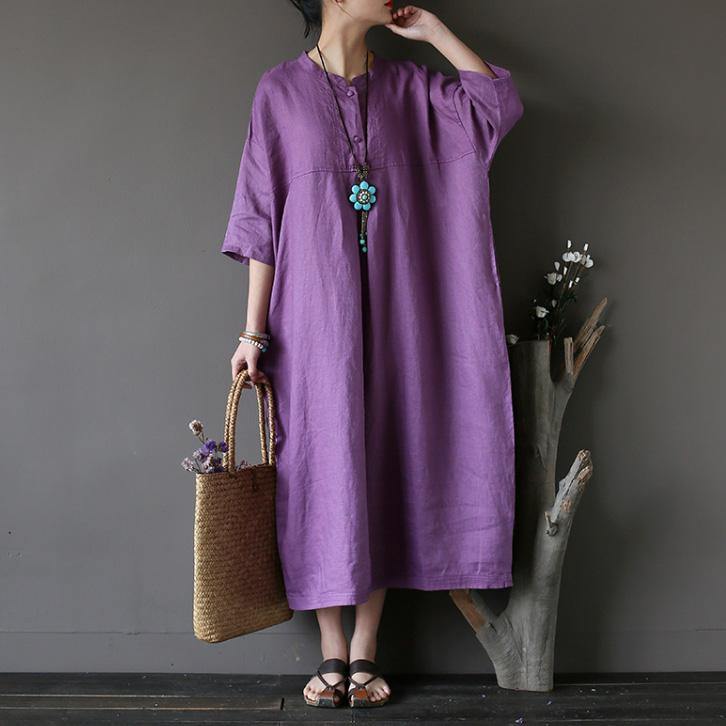 Chic black cotton linen boutique long stand collar Three Quarter sleeve Dress - Omychic