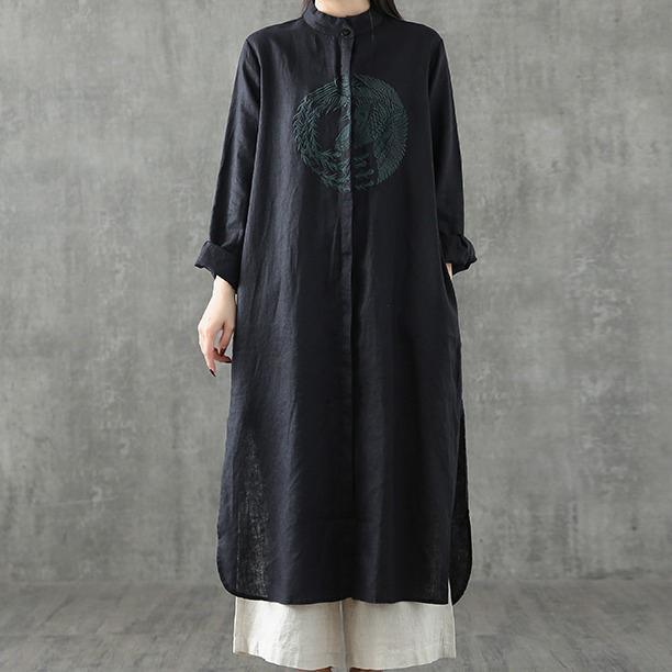 Chic black embroidery linen clothes For Women stand collar patchwork Maxi Dress - Omychic