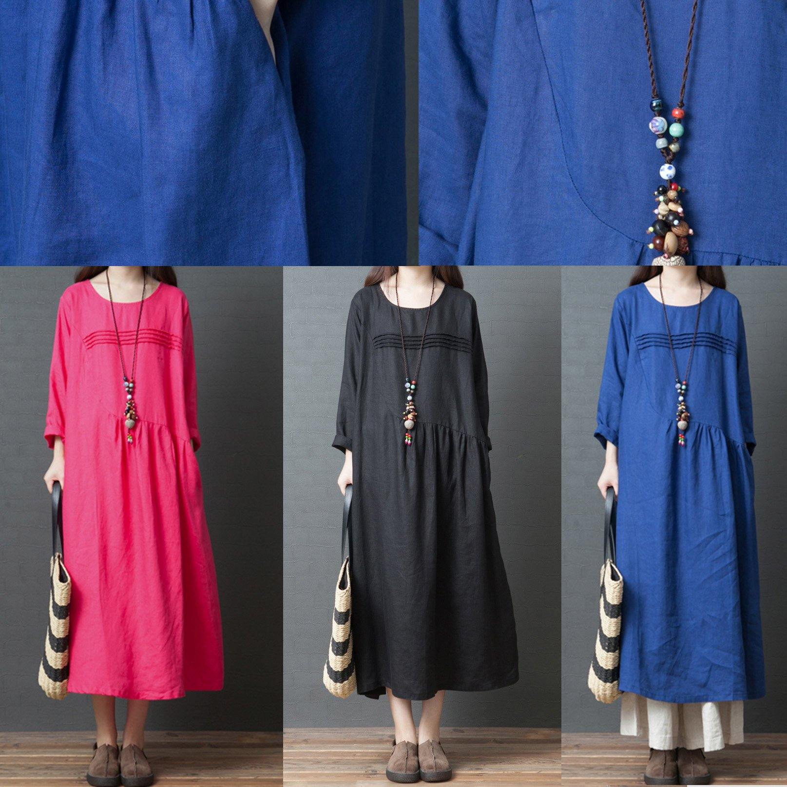 Chic blue linen clothes top quality Work Outfits o neck patchwork Vestidos De Lino  Dresses - Omychic