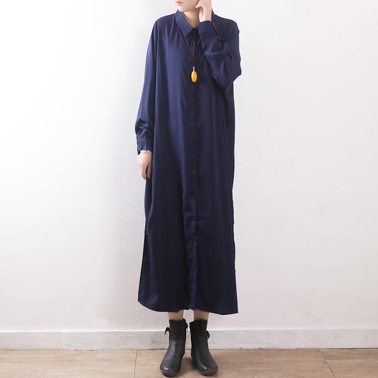 Chic cotton Robes Omychic Button Down Work Outfits dark blue Maxi shirt Dresses spring - Omychic
