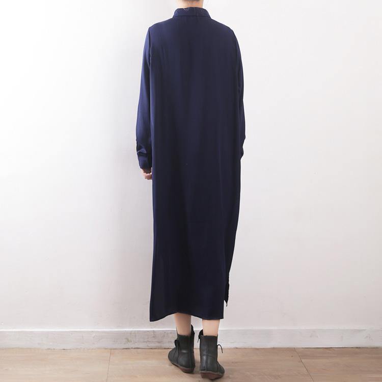 Chic cotton Robes Omychic Button Down Work Outfits dark blue Maxi shirt Dresses spring - Omychic