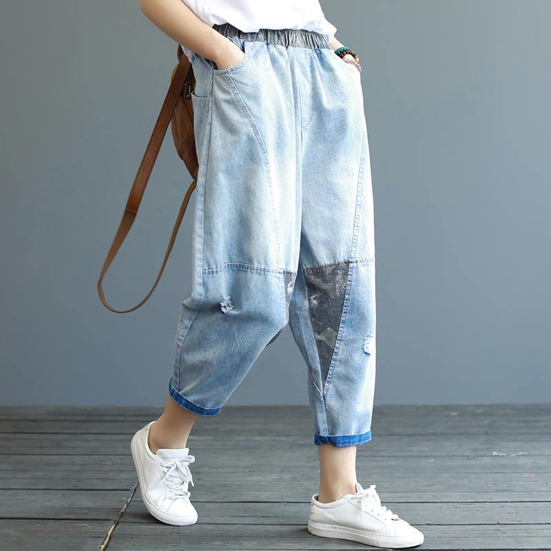 Chic cotton pants Casual Splicing Frayed Pockets Casual Loose Jeans - Omychic