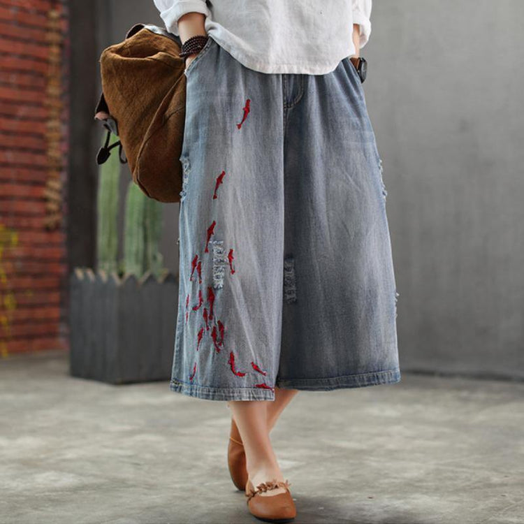 Chic cotton plus size Spring Loose Vintage Women Elastic Waist Hole Jeans - Omychic