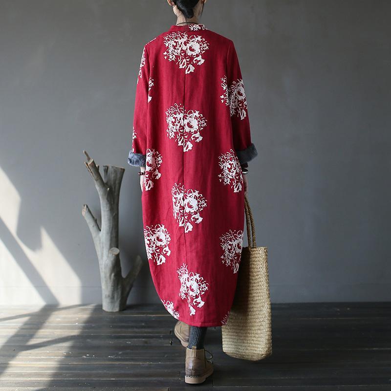 Chic cotton quilting clothes Fine thick Ideas red print stand collar long Dress - Omychic