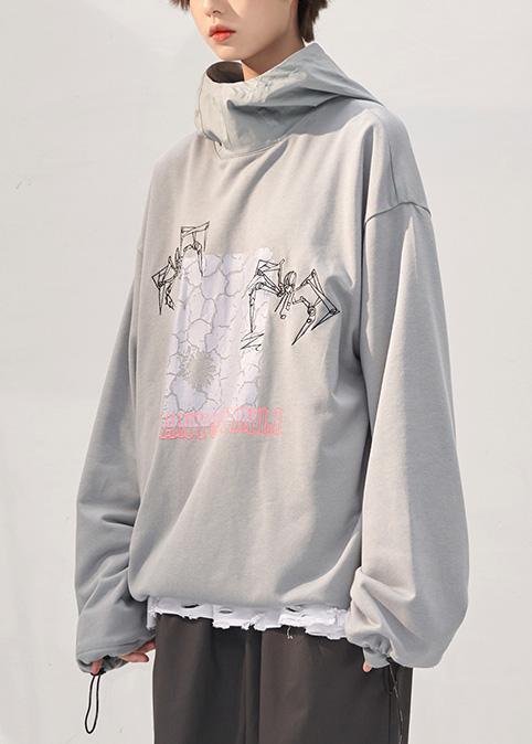 Chic gray prints cotton clothes For Women fall loose patchwork hooded Sweat shirt - Omychic