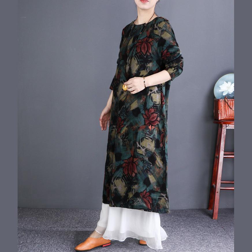 Chic green print cotton linen outfit Pakistani Wardrobes o neck Vestidos De Lino Dress - Omychic