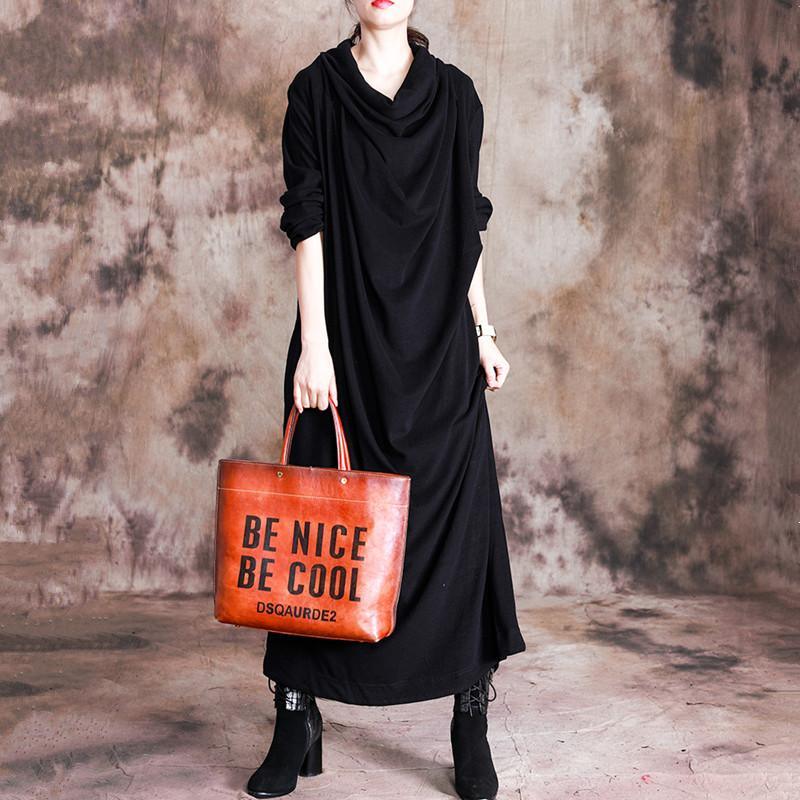 Chic high neck cotton fall dress Tunic Tops black cotton robes Dresses - Omychic